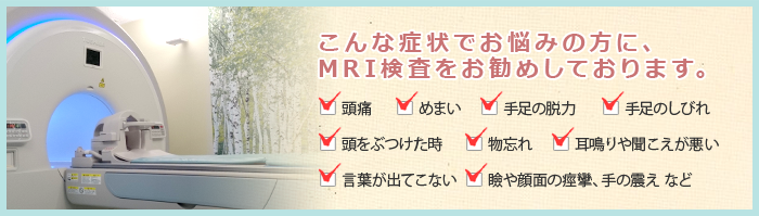 頭痛、めまい、手足の脱力、手足のしびれ、頭をぶつけた時、物忘れ、耳鳴りや聞こえが悪い、言葉が出てこない、瞼や顔面の痙攣、手の震え などが気になる方にMRI検査をオススメしております。